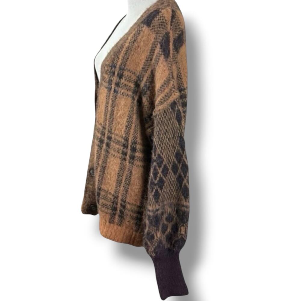 Free People Oversized Plaid Cardigan Sweater Medium Cobain Grunge Dark Academia - Picture 11 of 16